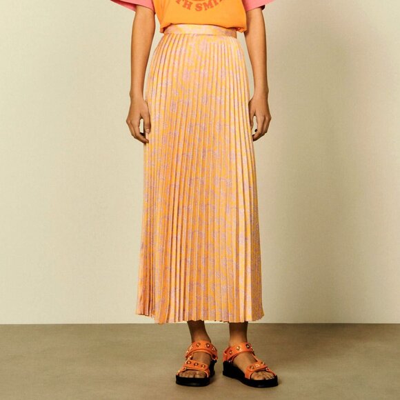 New Sandro Paisley Pleated Maxi Skirt Yellow Lilac 40, US 8, M $325 - Picture 1 of 8